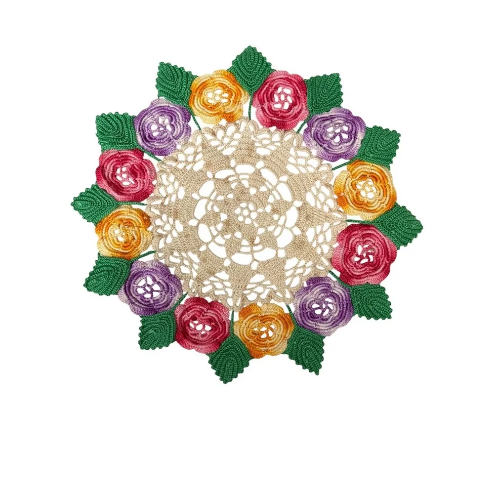 Handmade Crochet Rose‎ Posy Doily 12 Inch Floral Centerpiece Decor